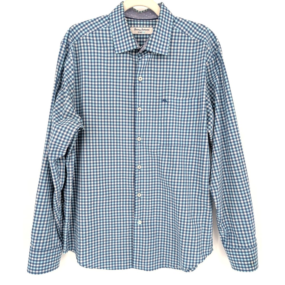 Tommy Bahama IslandZone Blue Gingham Button Down Shirt Mens Med Preppy Coastal